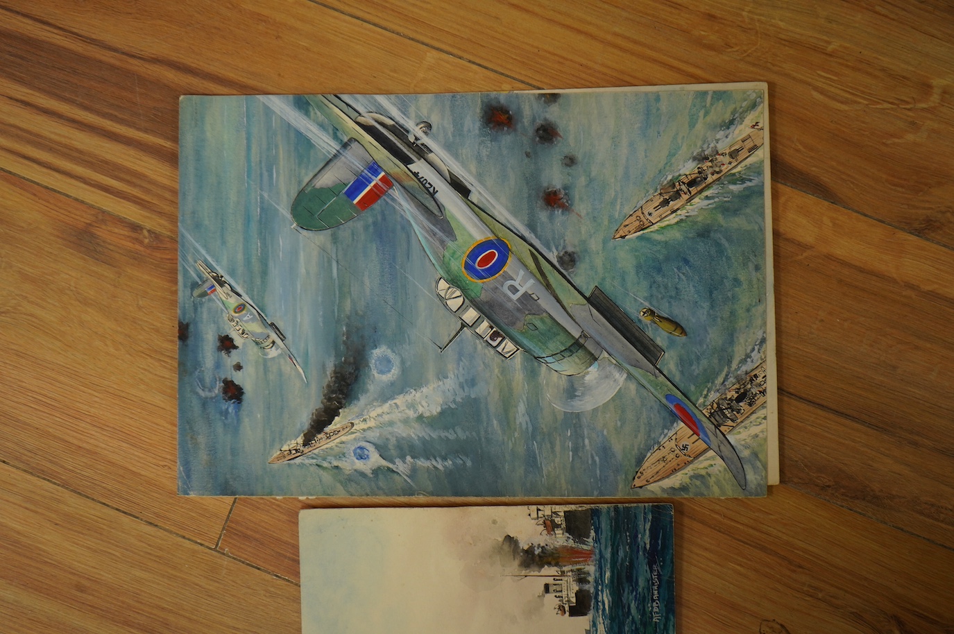 AFD Bannister, set of three original WWII watercolours for post card designs, Fleet Air Arm Aircraft to include ‘Blackburn Skuas attacking German Warships’ and ‘Fairey Albacore Torpedo Carriers Attacking a German Convoy’